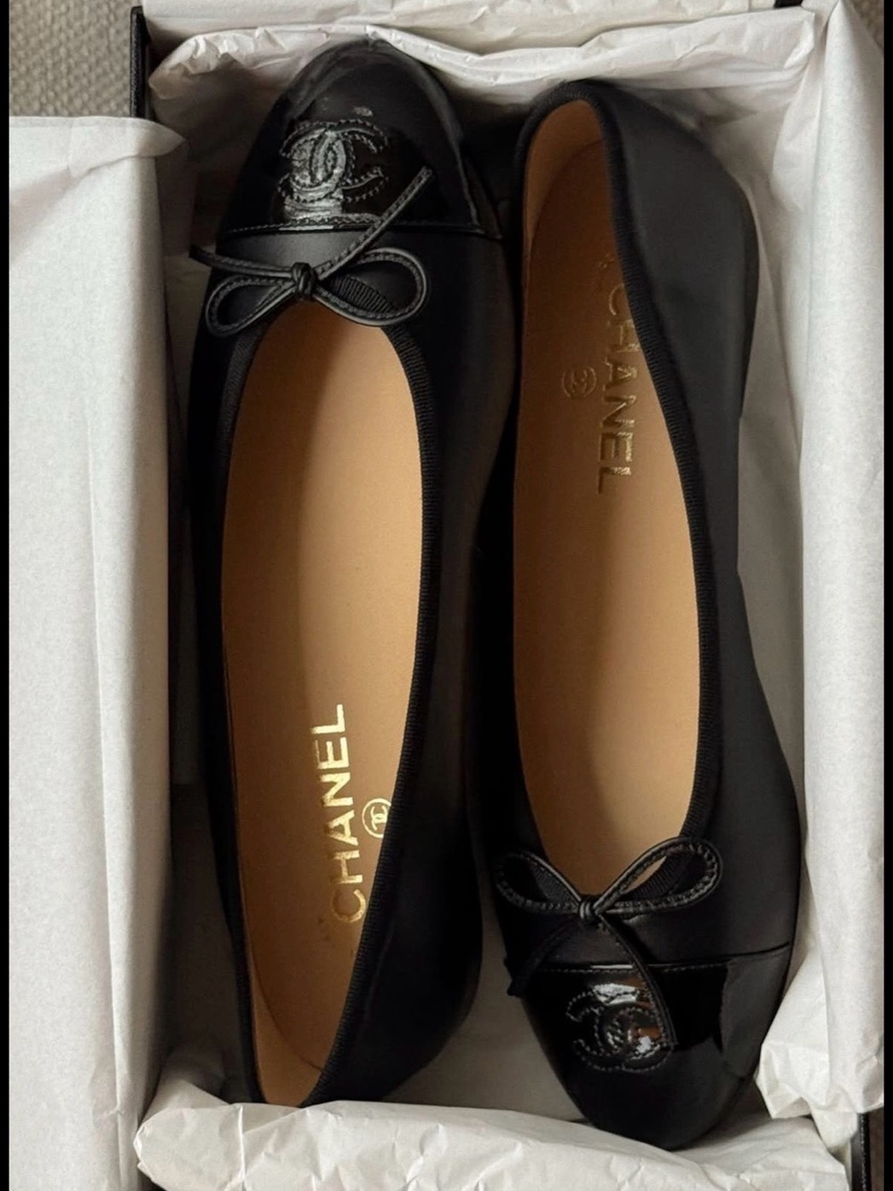 CHANEL Black Leather & Patent Toe Ballet Flats with CC.